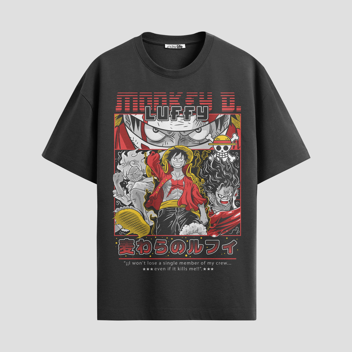 Playera urbana de anime y gaming ExtraLife MX, corte Classic Premium unisex ligero y transpirable en color Deep Black y Pure White, ropa de uso diario para gym y casual.