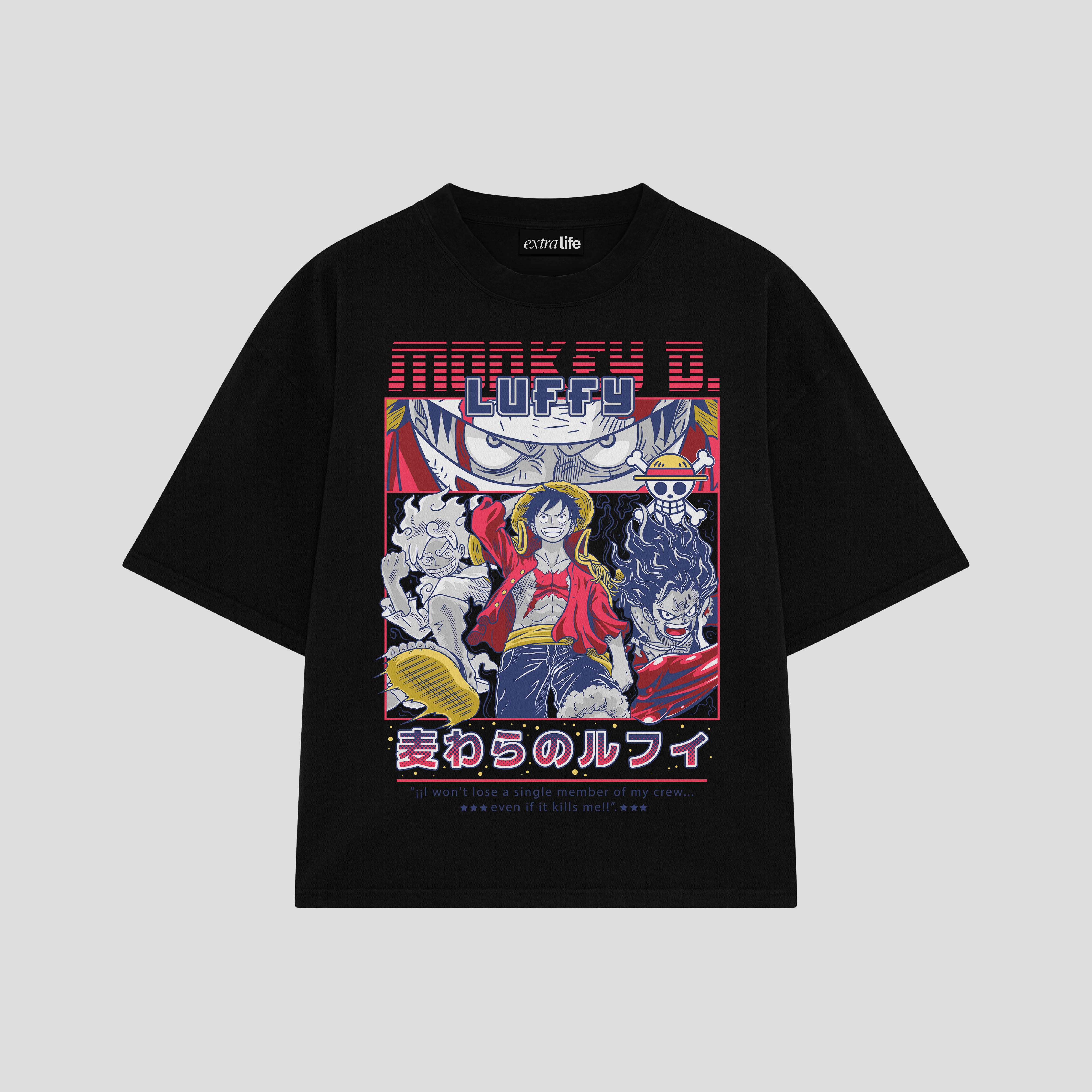 Playera streetwear premium de anime y gaming ExtraLife MX, corte boxy oversized drop shoulder heavyweight en color Deep Black y Off-White, moda urbana mexicana de culto.