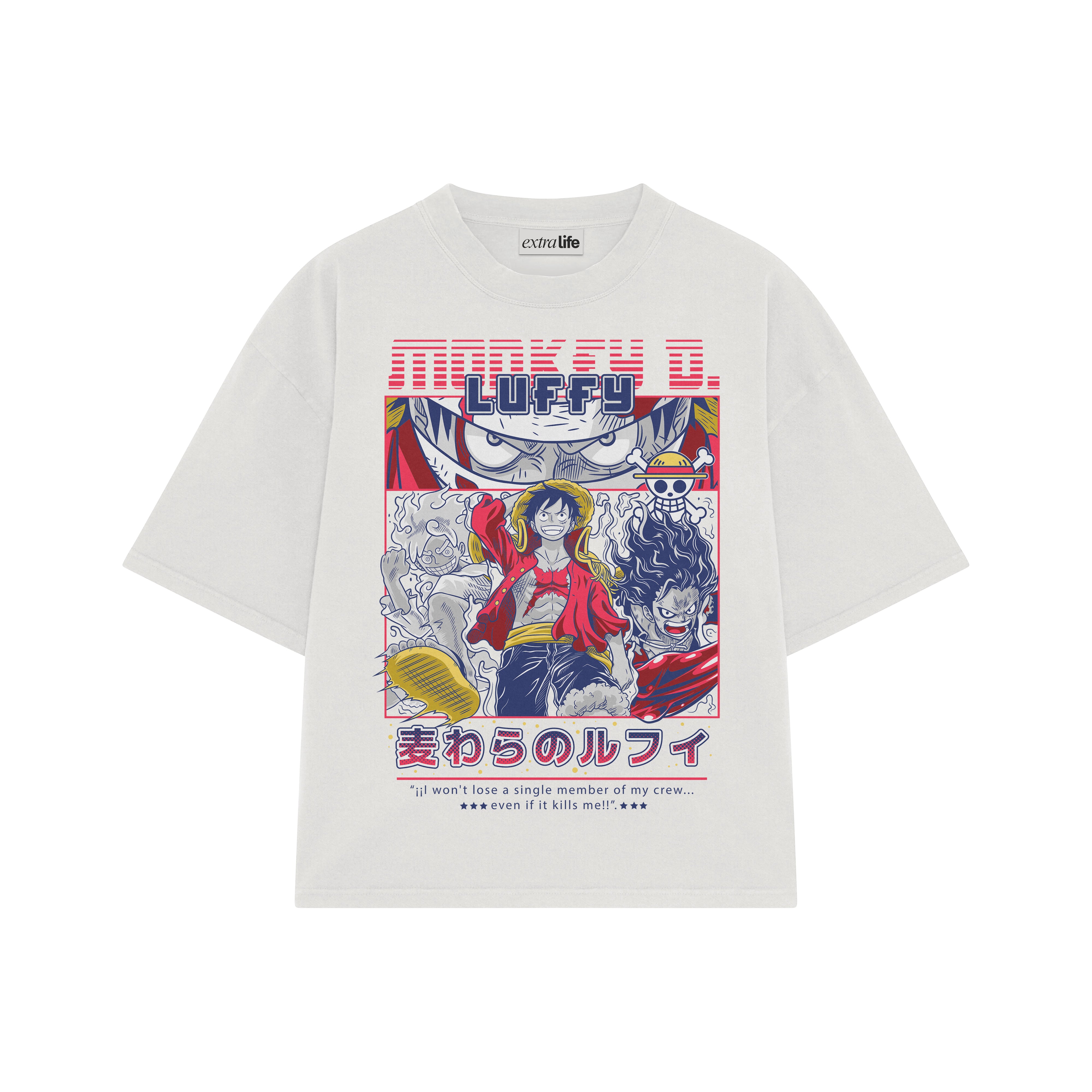 Playera streetwear premium de anime y gaming ExtraLife MX, corte boxy oversized drop shoulder heavyweight en color Deep Black y Off-White, moda urbana mexicana de culto.