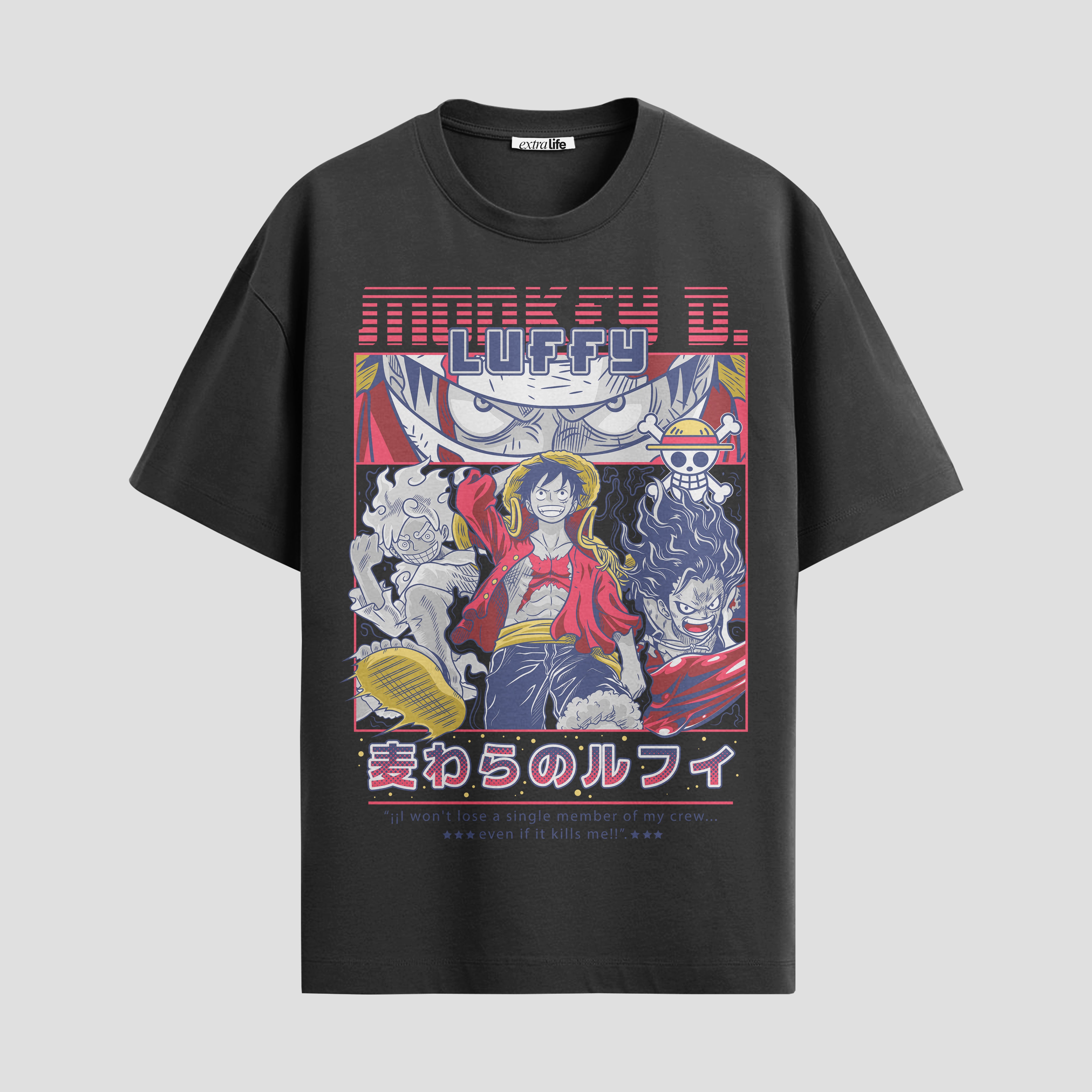 Playera urbana de anime y gaming ExtraLife MX, corte Standard Fit unisex ligero y transpirable en color Deep Black y Pure White, ropa de uso diario para gym y casual.