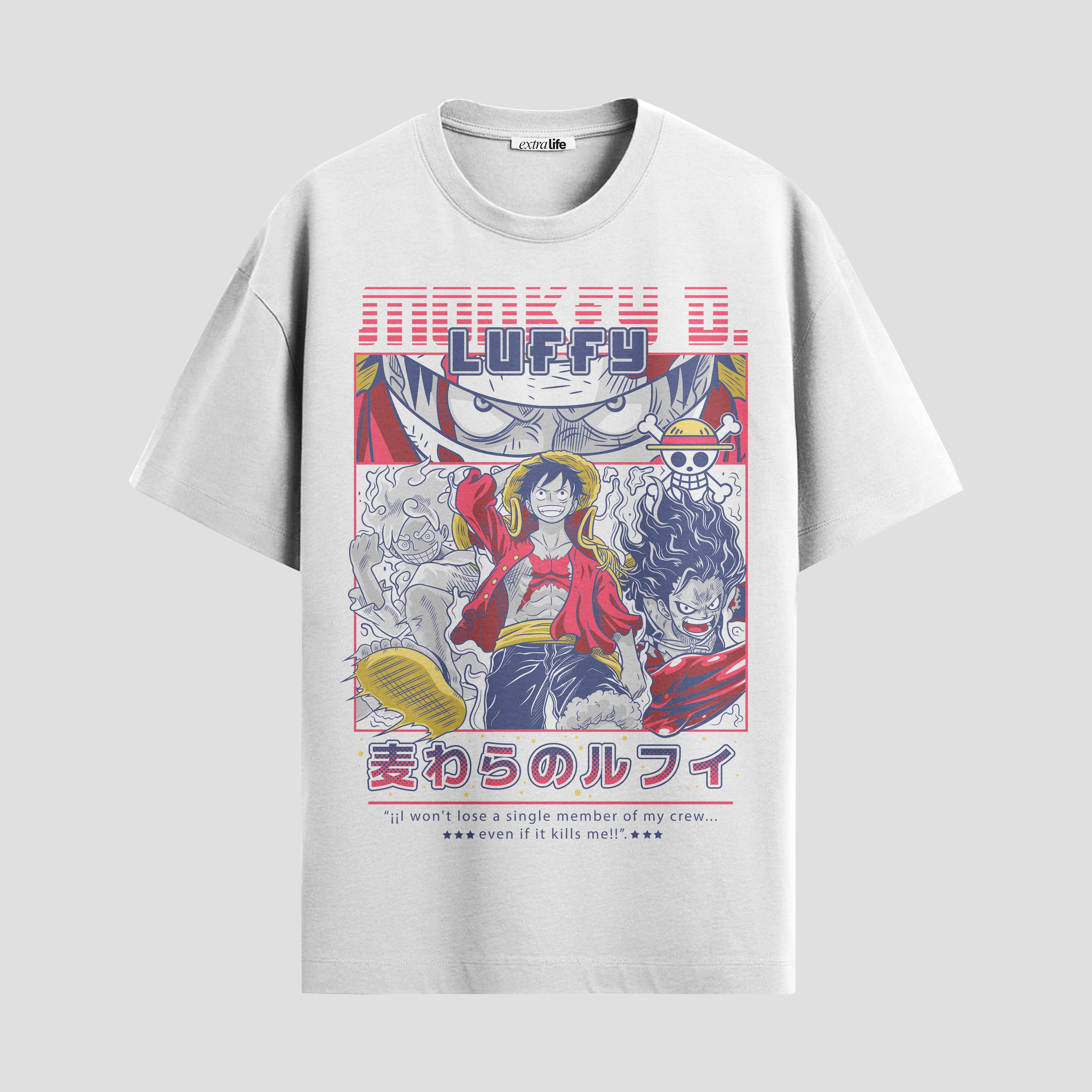 Playera urbana de anime y gaming ExtraLife MX, corte Standard Fit unisex ligero y transpirable en color Deep Black y Pure White, ropa de uso diario para gym y casual.