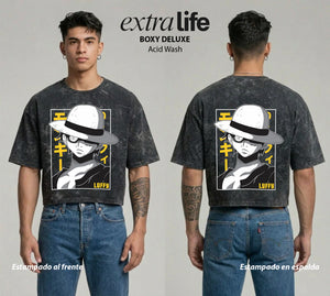 Playera streetwear premium de anime y gaming ExtraLife MX, corte boxy deluxe mineral wash heavyweight en color Acid Wash, moda urbana mexicana de culto.