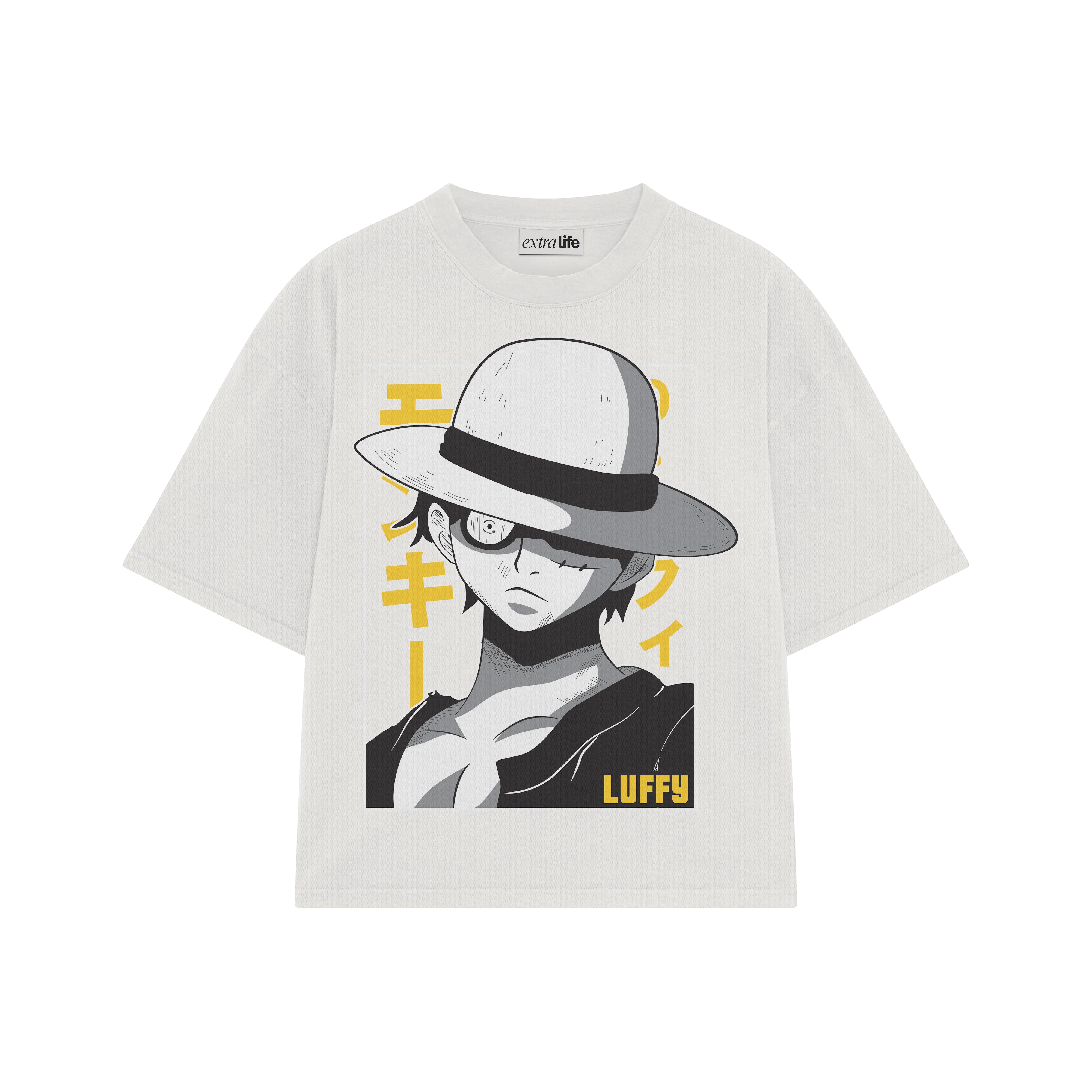 Playera streetwear premium de anime y gaming ExtraLife MX, corte boxy oversized drop shoulder heavyweight en color Deep Black y Off-White, moda urbana mexicana de culto.