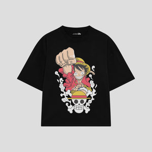 Playera streetwear premium de anime y gaming ExtraLife MX, corte boxy oversized drop shoulder heavyweight en color Deep Black y Off-White, moda urbana mexicana de culto.