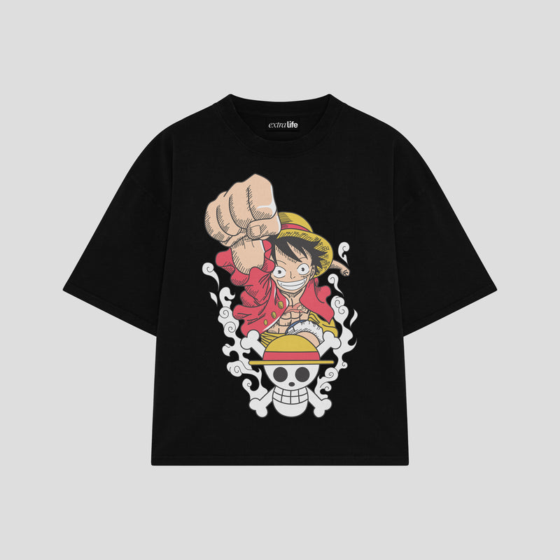Playera streetwear premium de anime y gaming ExtraLife MX, corte boxy oversized drop shoulder heavyweight en color Deep Black y Off-White, moda urbana mexicana de culto.