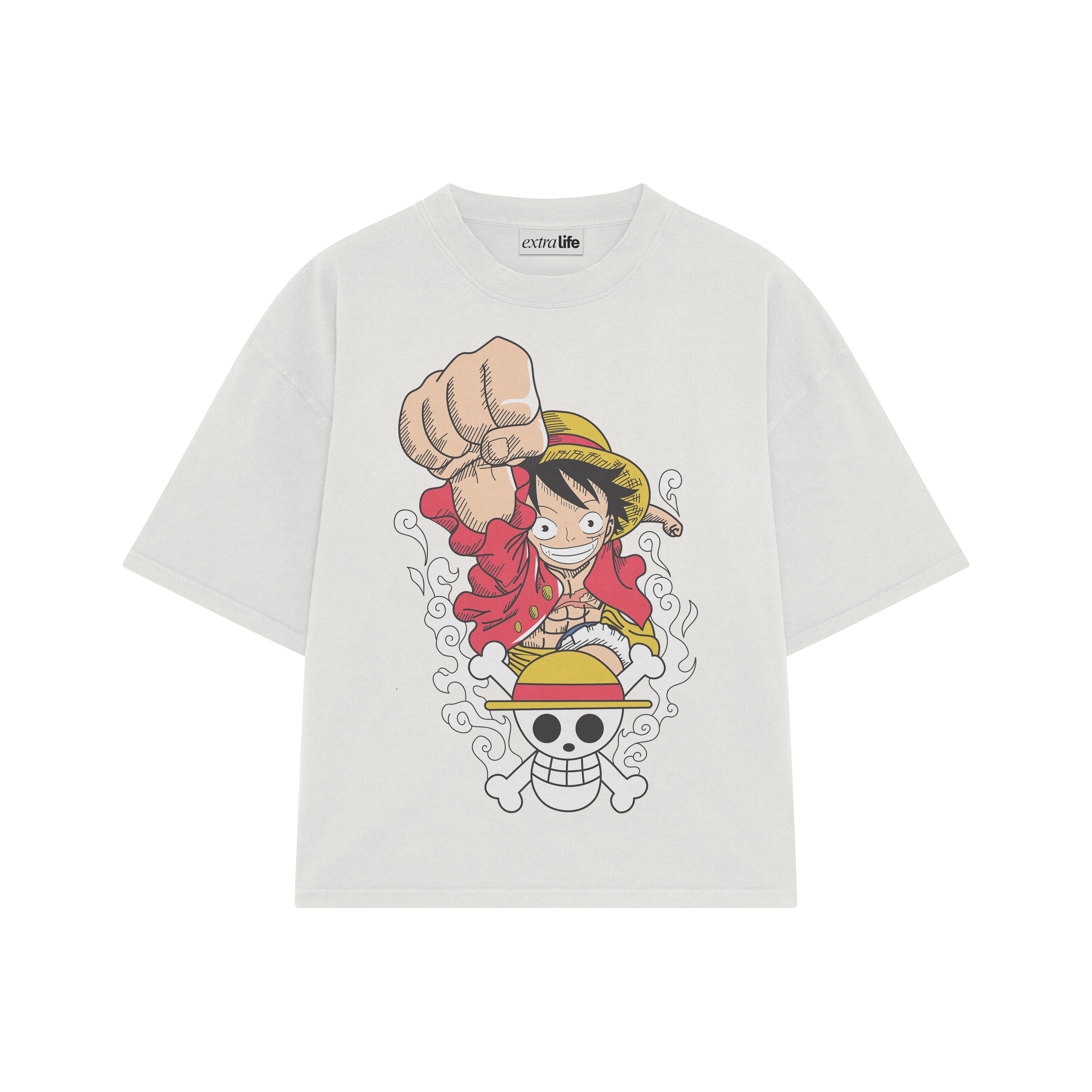 Playera streetwear premium de anime y gaming ExtraLife MX, corte boxy oversized drop shoulder heavyweight en color Deep Black y Off-White, moda urbana mexicana de culto.
