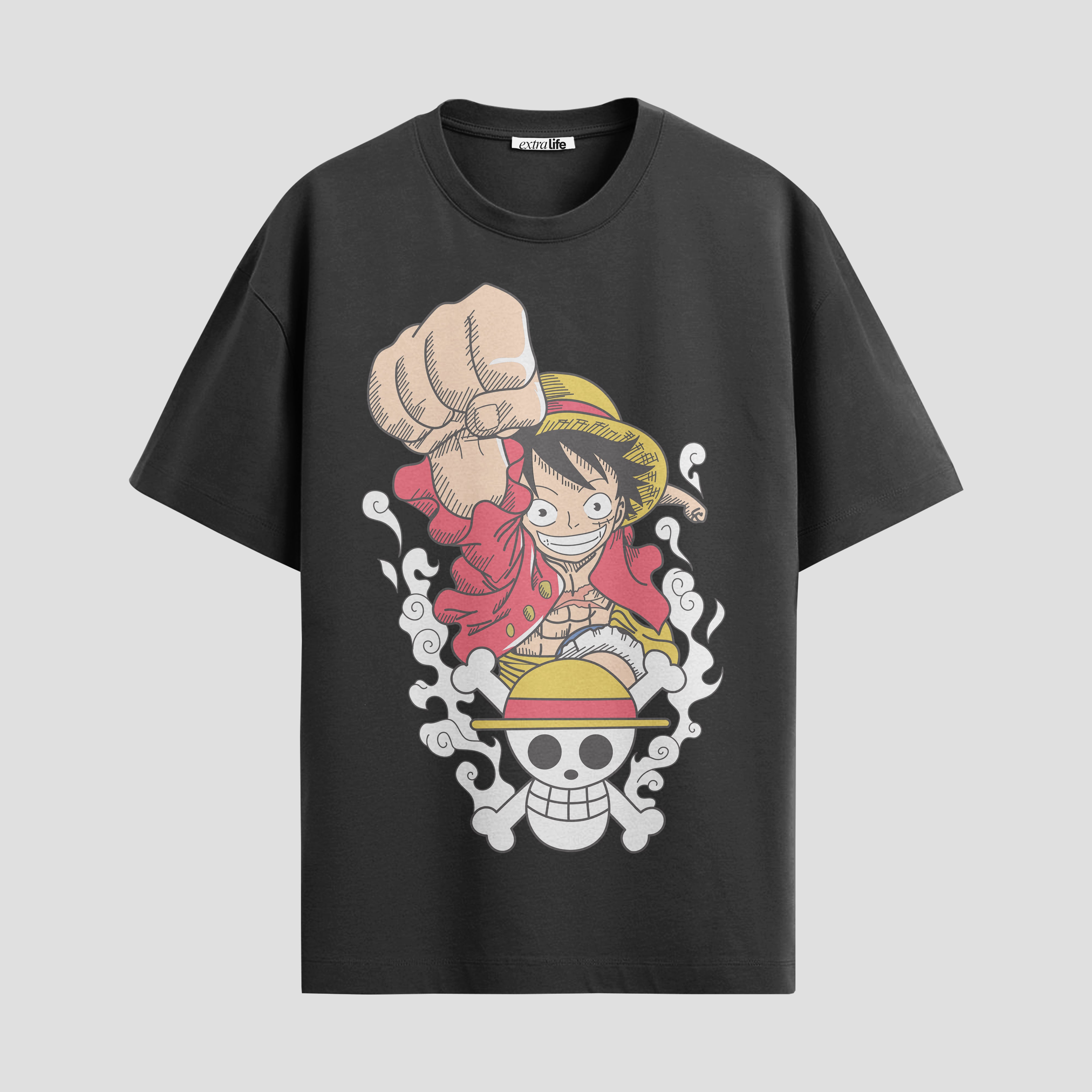 Playera urbana de anime y gaming ExtraLife MX, corte Standard Fit unisex ligero y transpirable en color Deep Black y Pure White, ropa de uso diario para gym y casual.