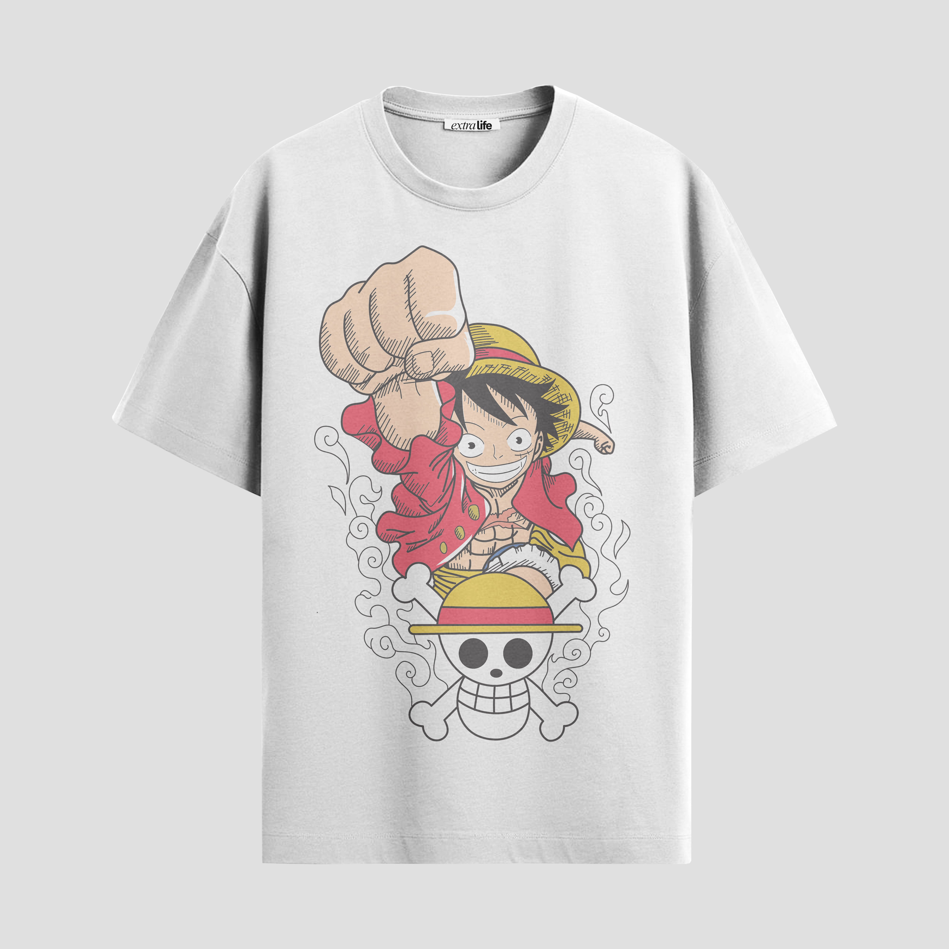 Playera urbana de anime y gaming ExtraLife MX, corte Standard Fit unisex ligero y transpirable en color Deep Black y Pure White, ropa de uso diario para gym y casual.