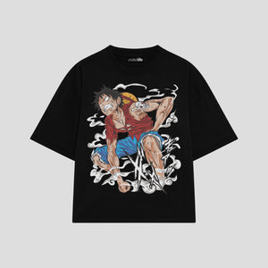 Playera streetwear premium de anime y gaming ExtraLife MX, corte boxy oversized drop shoulder heavyweight en color Deep Black y Off-White, moda urbana mexicana de culto.