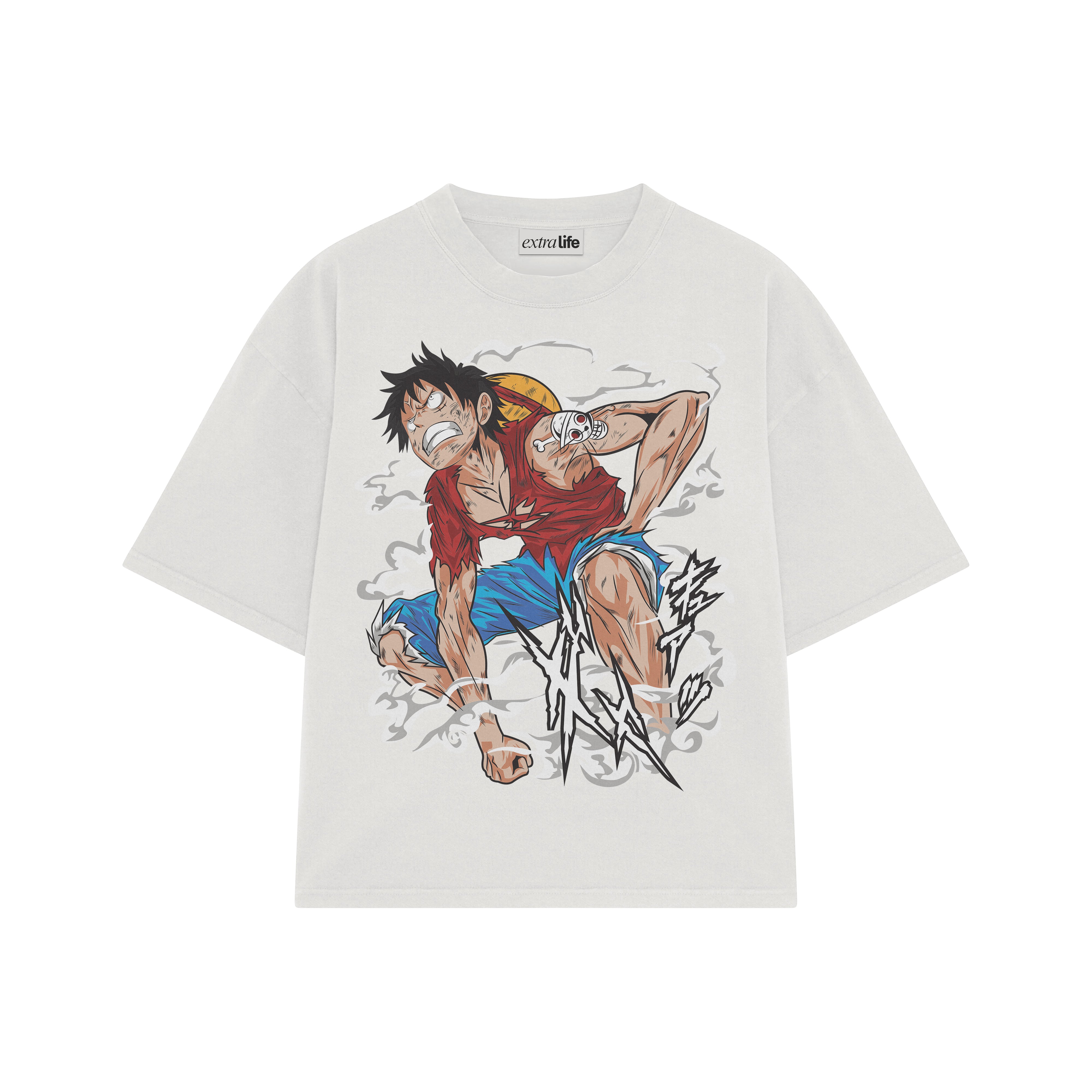 Playera streetwear premium de anime y gaming ExtraLife MX, corte boxy oversized drop shoulder heavyweight en color Deep Black y Off-White, moda urbana mexicana de culto.