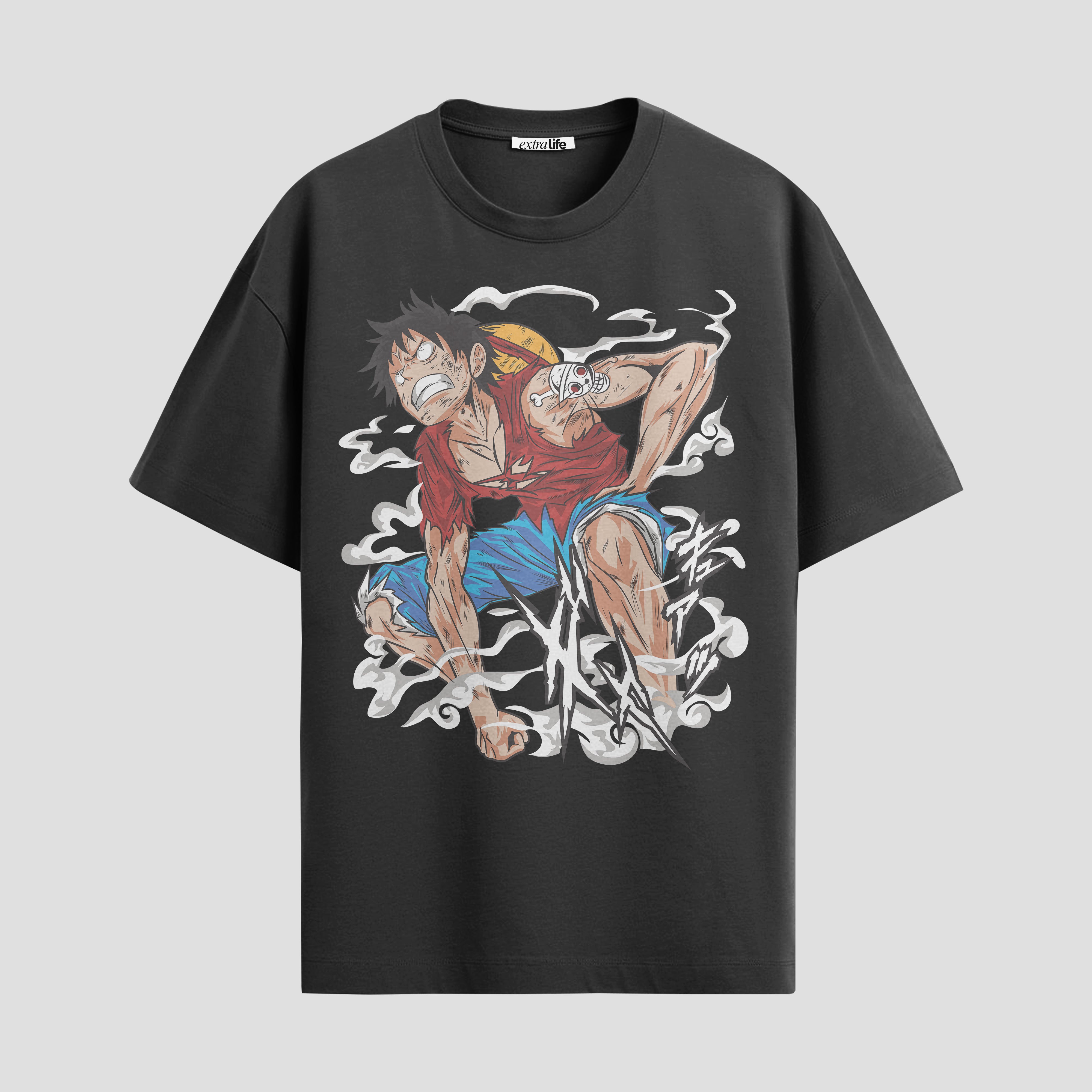 Playera urbana de anime y gaming ExtraLife MX, corte Standard Fit unisex ligero y transpirable en color Deep Black y Pure White, ropa de uso diario para gym y casual.