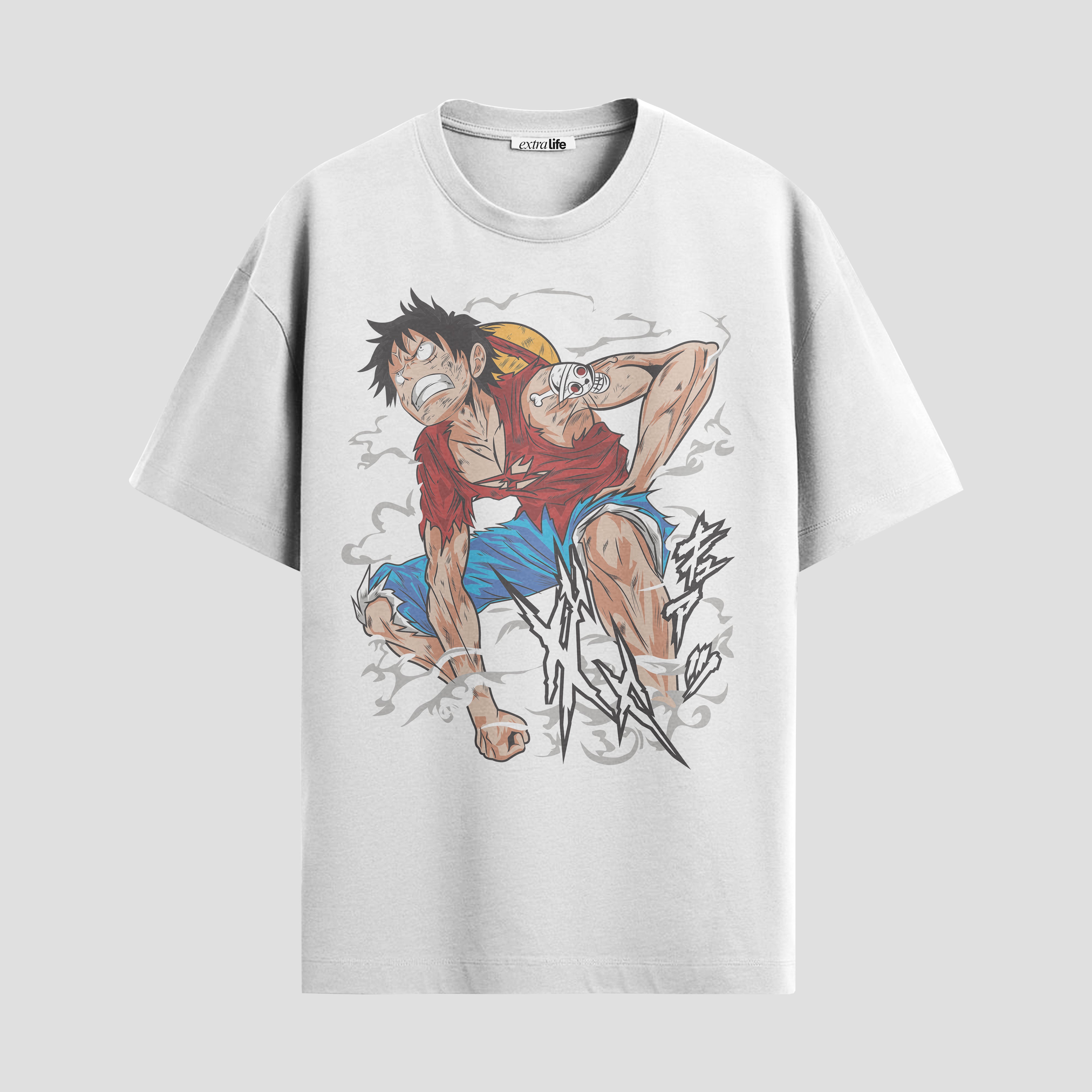 Playera urbana de anime y gaming ExtraLife MX, corte Standard Fit unisex ligero y transpirable en color Deep Black y Pure White, ropa de uso diario para gym y casual.