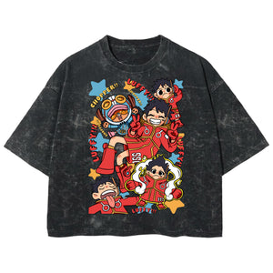 Playera streetwear premium de anime y gaming ExtraLife MX, corte boxy deluxe mineral wash heavyweight en color Acid Wash, moda urbana mexicana de culto.