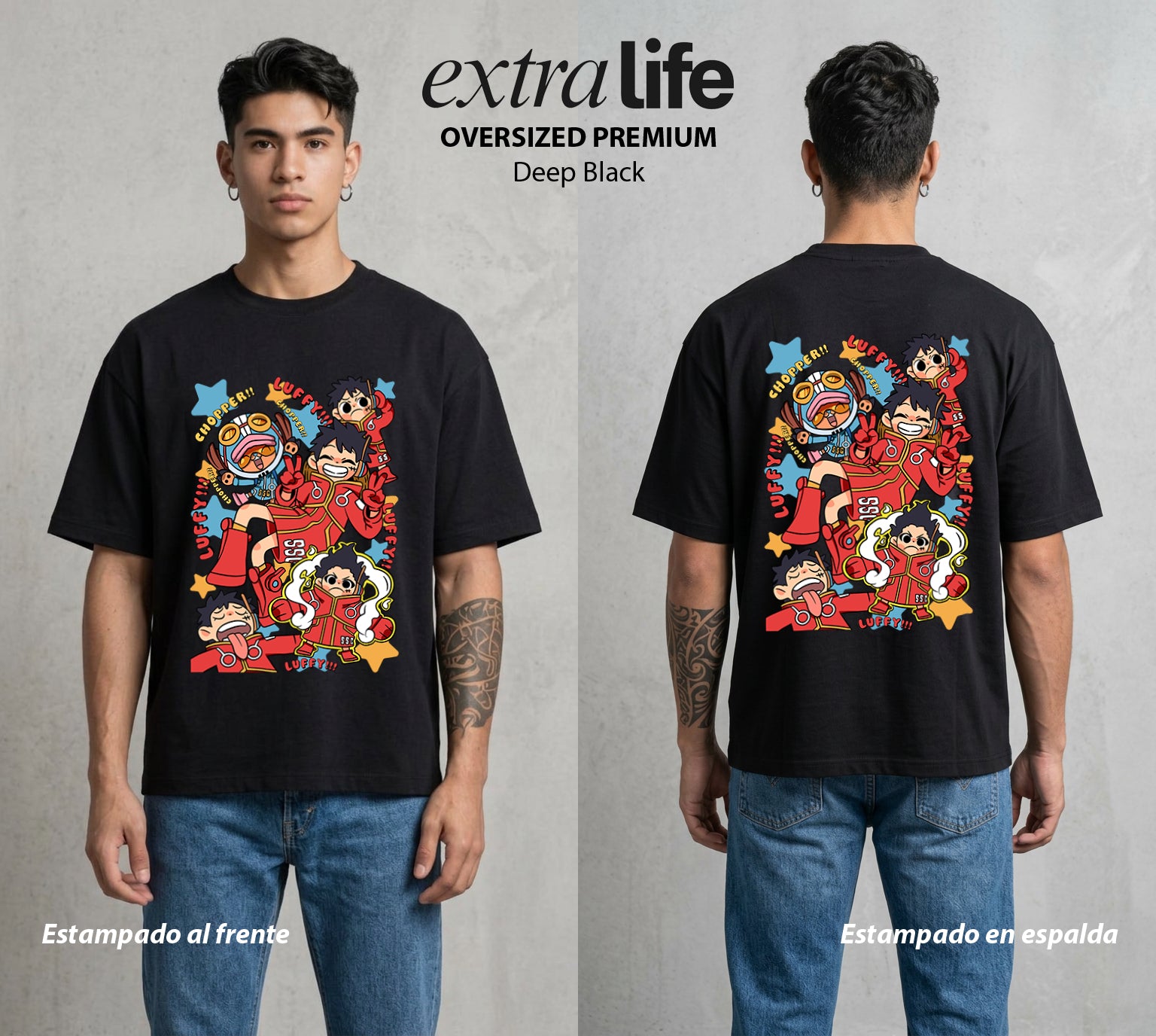 Mar de los Piratas | Capitan de Goma Chibi #03161 - Playera Oversized Premium | Deep Black - Foto en modelo