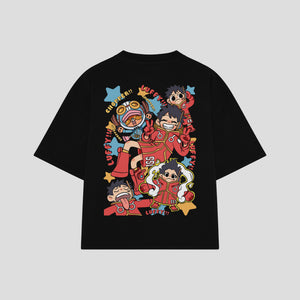Playera streetwear premium de anime y gaming ExtraLife MX, corte boxy oversized drop shoulder heavyweight en color Deep Black y Off-White, moda urbana mexicana de culto.