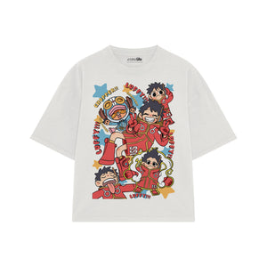 Playera streetwear premium de anime y gaming ExtraLife MX, corte boxy oversized drop shoulder heavyweight en color Deep Black y Off-White, moda urbana mexicana de culto.