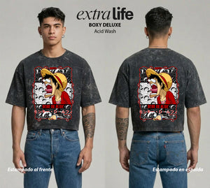 Playera streetwear premium de anime y gaming ExtraLife MX, corte boxy deluxe mineral wash heavyweight en color Acid Wash, moda urbana mexicana de culto.
