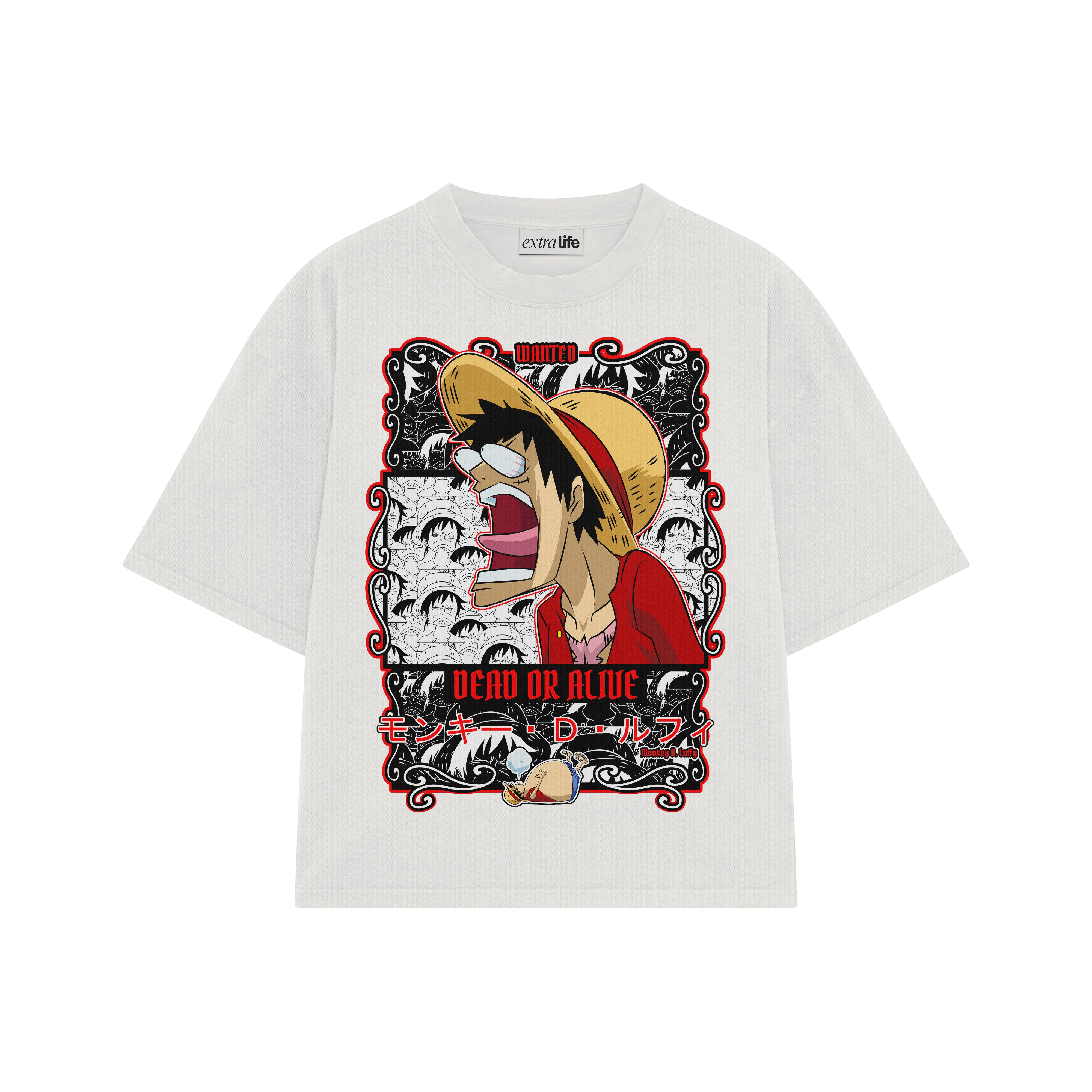 Playera streetwear premium de anime y gaming ExtraLife MX, corte boxy oversized drop shoulder heavyweight en color Deep Black y Off-White, moda urbana mexicana de culto.
