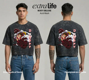 Playera streetwear premium de anime y gaming ExtraLife MX, corte boxy deluxe mineral wash heavyweight en color Acid Wash, moda urbana mexicana de culto.