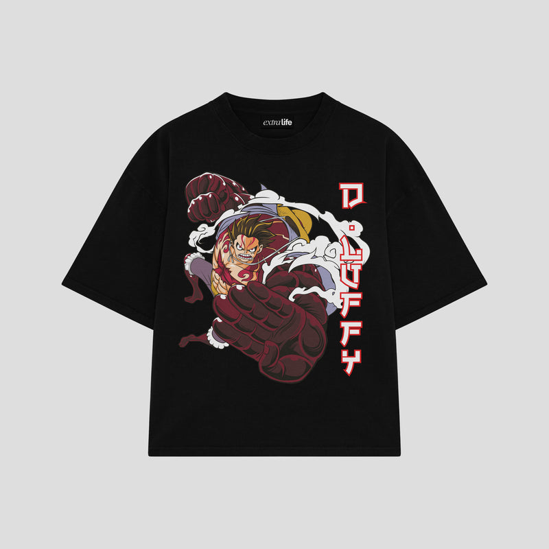 Playera streetwear premium de anime y gaming ExtraLife MX, corte boxy oversized drop shoulder heavyweight en color Deep Black y Off-White, moda urbana mexicana de culto.