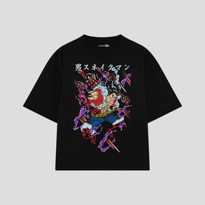 Playera streetwear premium de anime y gaming ExtraLife MX, corte boxy oversized drop shoulder heavyweight en color Deep Black y Off-White, moda urbana mexicana de culto.