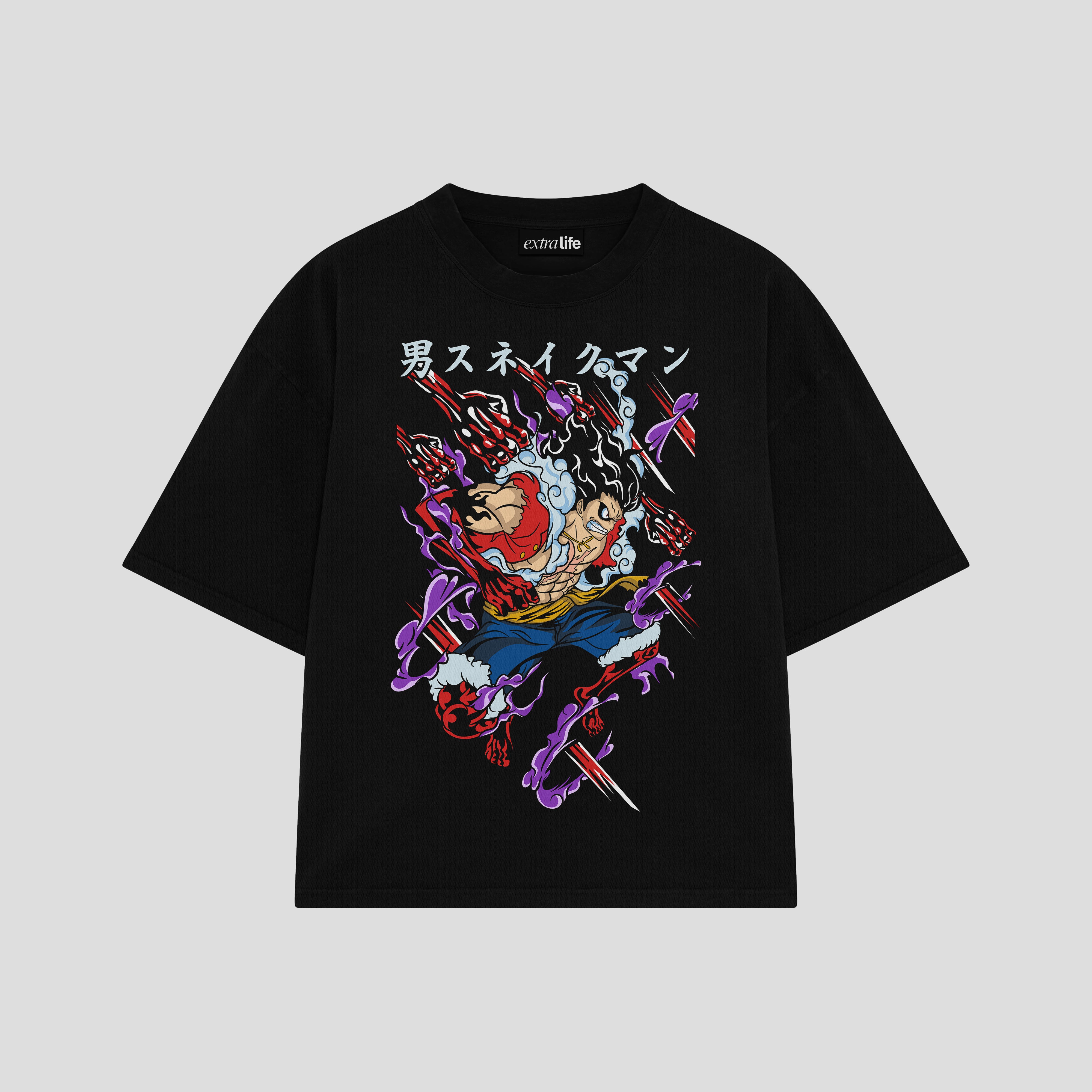 Playera streetwear premium de anime y gaming ExtraLife MX, corte boxy oversized drop shoulder heavyweight en color Deep Black y Off-White, moda urbana mexicana de culto.