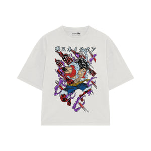 Playera streetwear premium de anime y gaming ExtraLife MX, corte boxy oversized drop shoulder heavyweight en color Deep Black y Off-White, moda urbana mexicana de culto.