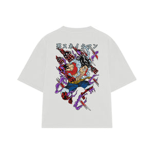 Playera streetwear premium de anime y gaming ExtraLife MX, corte boxy oversized drop shoulder heavyweight en color Deep Black y Off-White, moda urbana mexicana de culto.