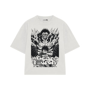 Playera streetwear premium de anime y gaming ExtraLife MX, corte boxy oversized drop shoulder heavyweight en color Deep Black y Off-White, moda urbana mexicana de culto.