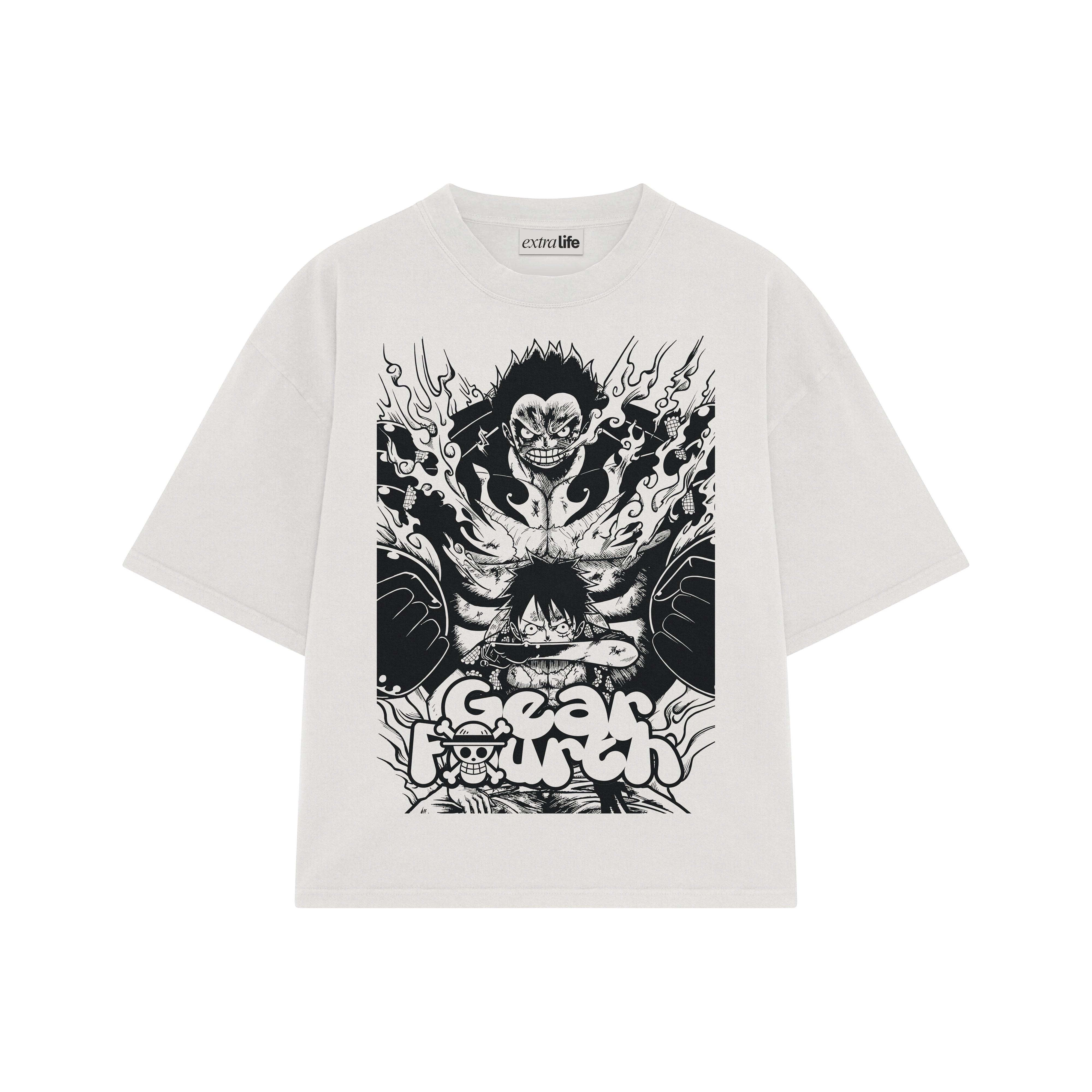 Playera streetwear premium de anime y gaming ExtraLife MX, corte boxy oversized drop shoulder heavyweight en color Deep Black y Off-White, moda urbana mexicana de culto.