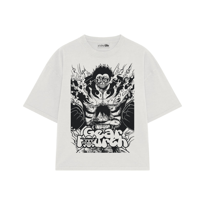 Playera streetwear premium de anime y gaming ExtraLife MX, corte boxy oversized drop shoulder heavyweight en color Deep Black y Off-White, moda urbana mexicana de culto.