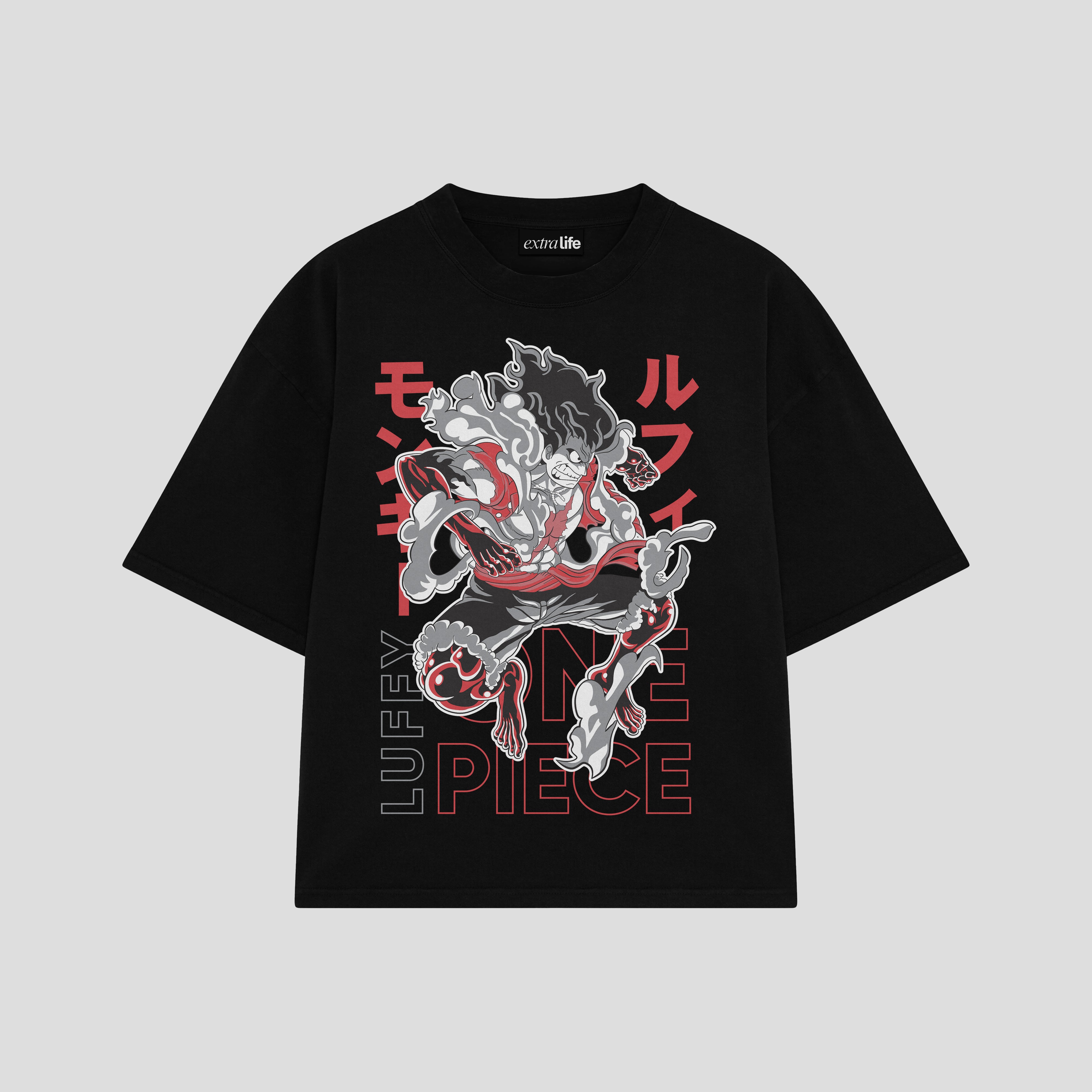 Playera streetwear premium de anime y gaming ExtraLife MX, corte boxy oversized drop shoulder heavyweight en color Deep Black y Off-White, moda urbana mexicana de culto.