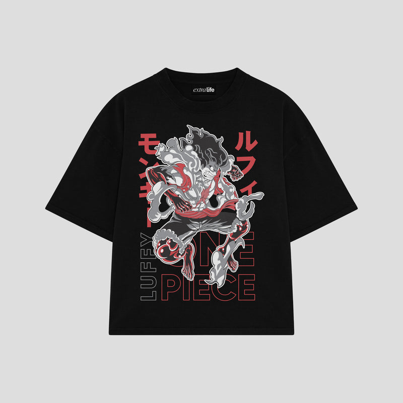 Playera streetwear premium de anime y gaming ExtraLife MX, corte boxy oversized drop shoulder heavyweight en color Deep Black y Off-White, moda urbana mexicana de culto.