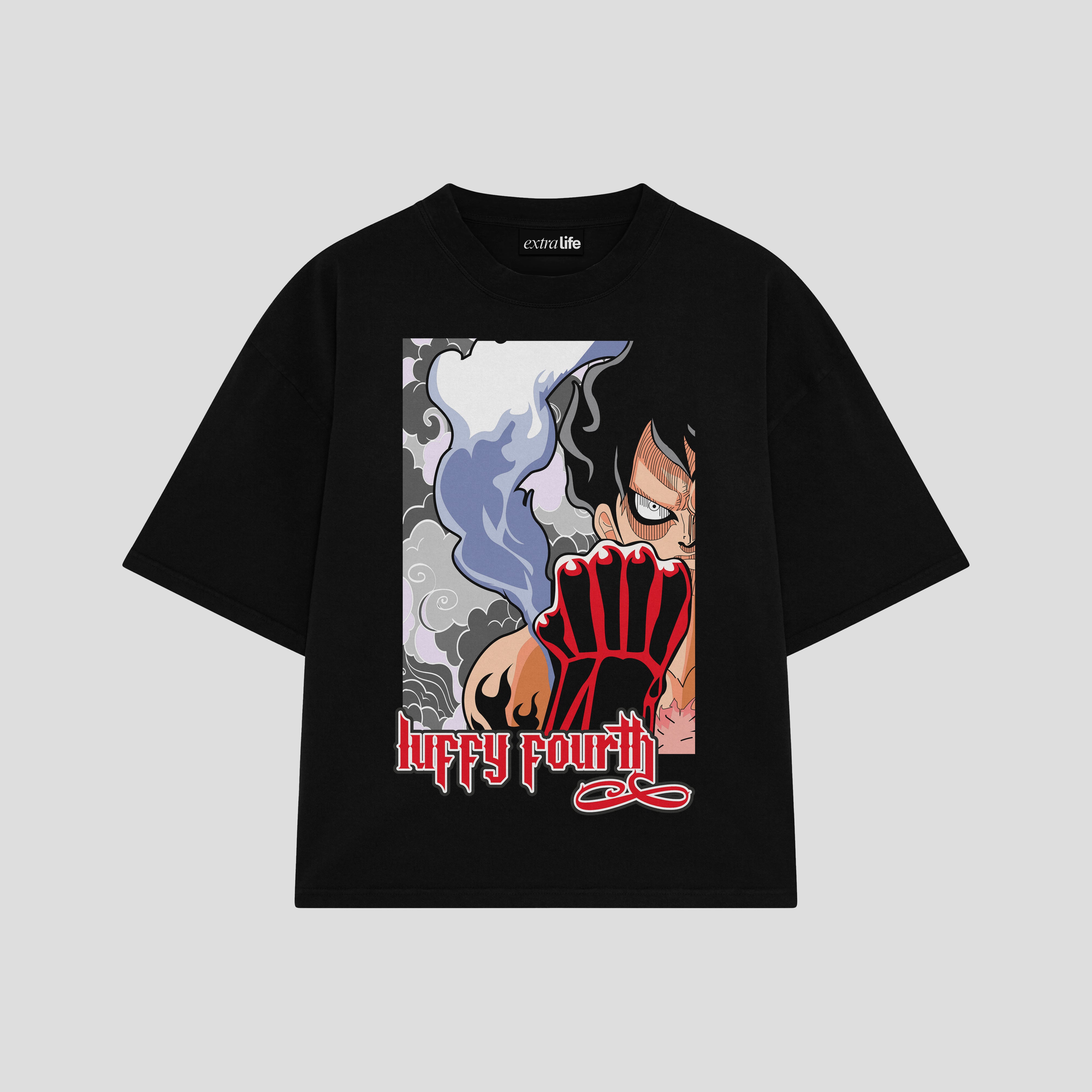 Playera streetwear premium de anime y gaming ExtraLife MX, corte boxy oversized drop shoulder heavyweight en color Deep Black y Off-White, moda urbana mexicana de culto.