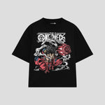 Playera streetwear premium de anime y gaming ExtraLife MX, corte boxy oversized drop shoulder heavyweight en color Deep Black y Off-White, moda urbana mexicana de culto.