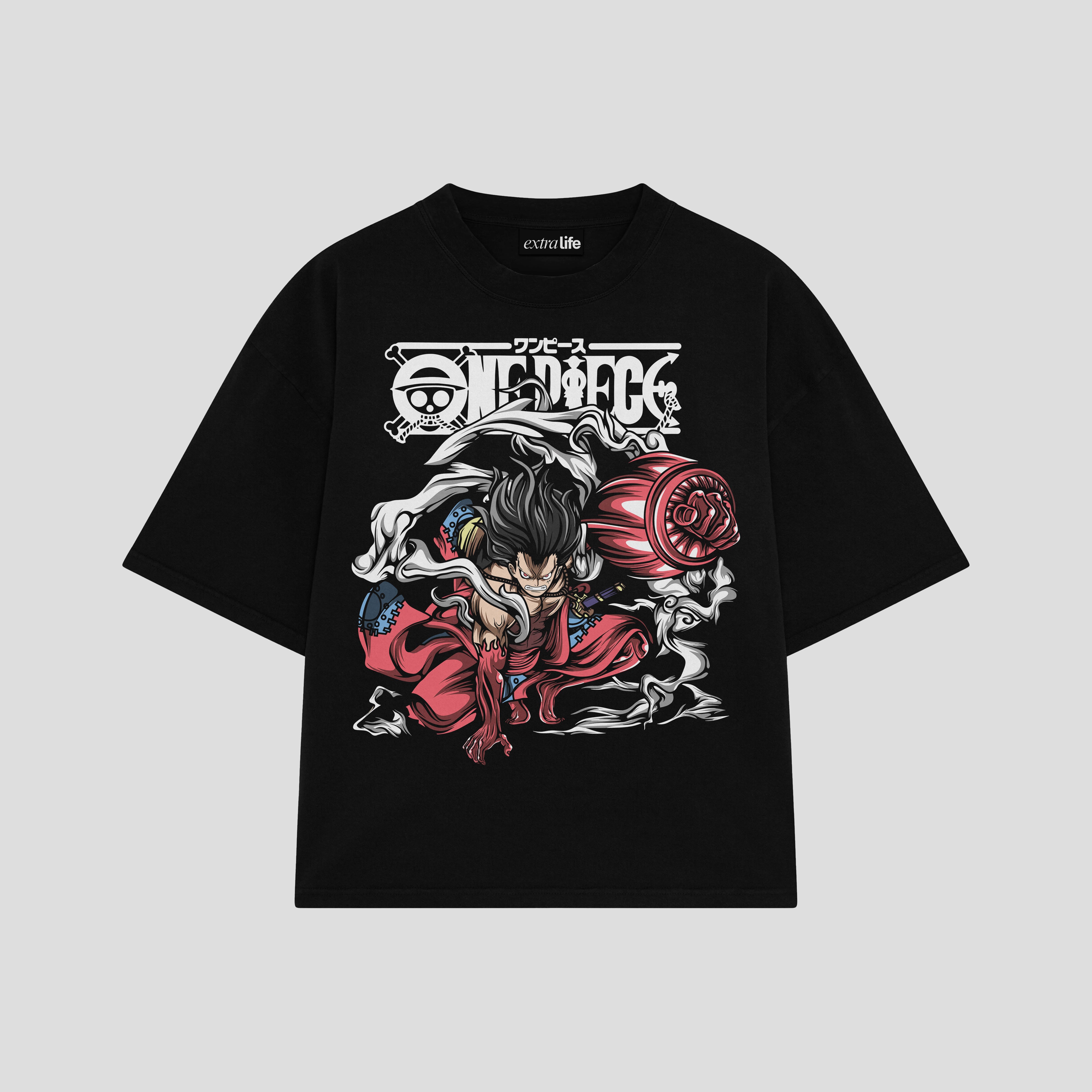 Playera streetwear premium de anime y gaming ExtraLife MX, corte boxy oversized drop shoulder heavyweight en color Deep Black y Off-White, moda urbana mexicana de culto.