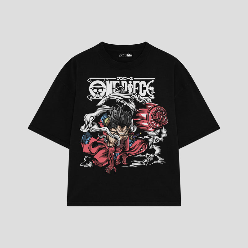 Playera streetwear premium de anime y gaming ExtraLife MX, corte boxy oversized drop shoulder heavyweight en color Deep Black y Off-White, moda urbana mexicana de culto.