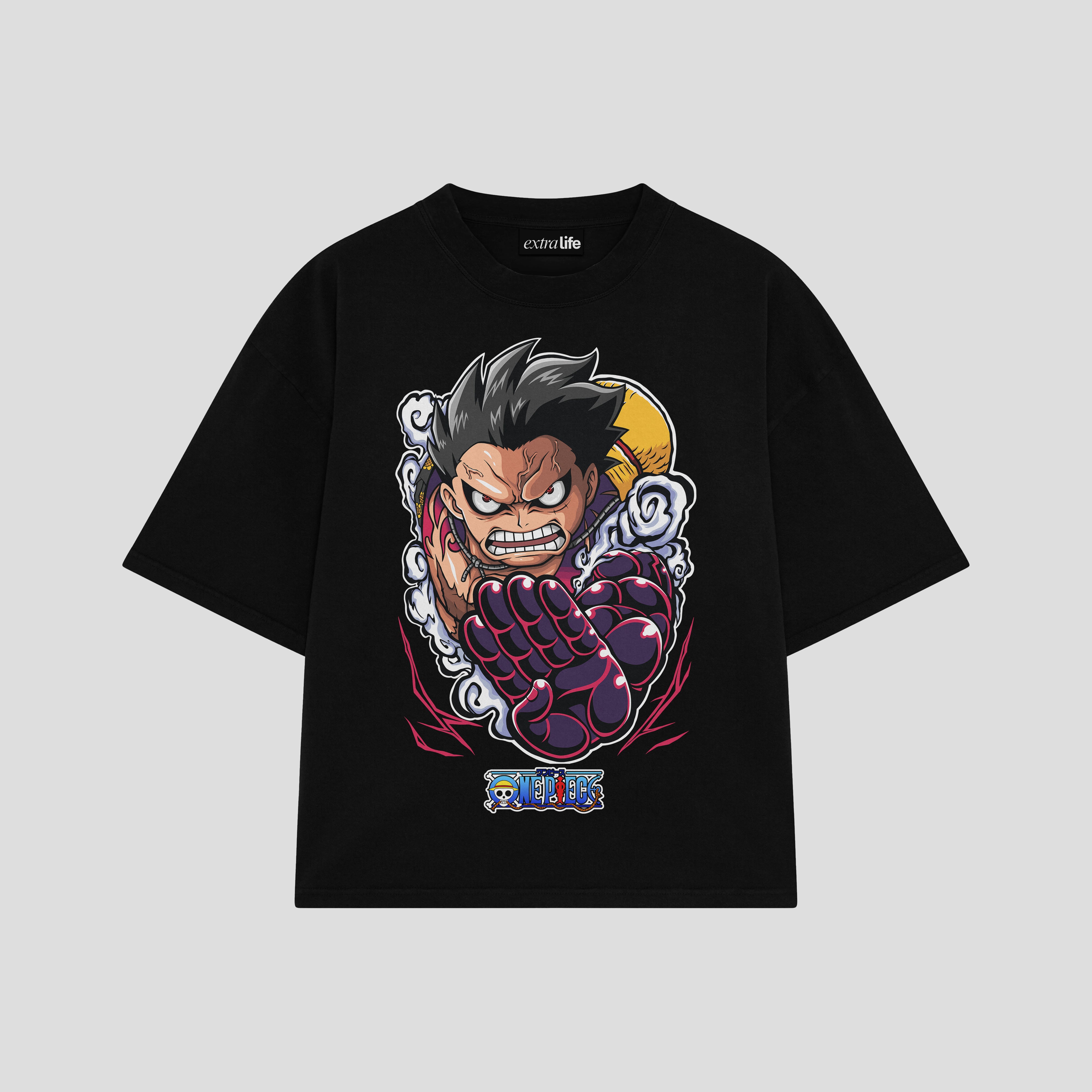 Playera streetwear premium de anime y gaming ExtraLife MX, corte boxy oversized drop shoulder heavyweight en color Deep Black y Off-White, moda urbana mexicana de culto.