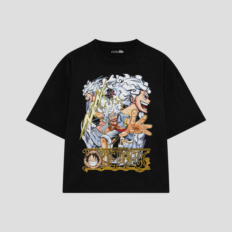 Playera streetwear premium de anime y gaming ExtraLife MX, corte boxy oversized drop shoulder heavyweight en color Deep Black y Off-White, moda urbana mexicana de culto.