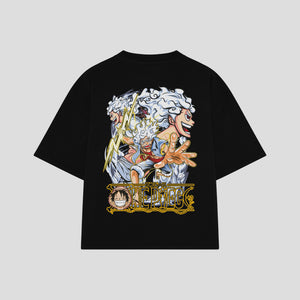 Playera streetwear premium de anime y gaming ExtraLife MX, corte boxy oversized drop shoulder heavyweight en color Deep Black y Off-White, moda urbana mexicana de culto.