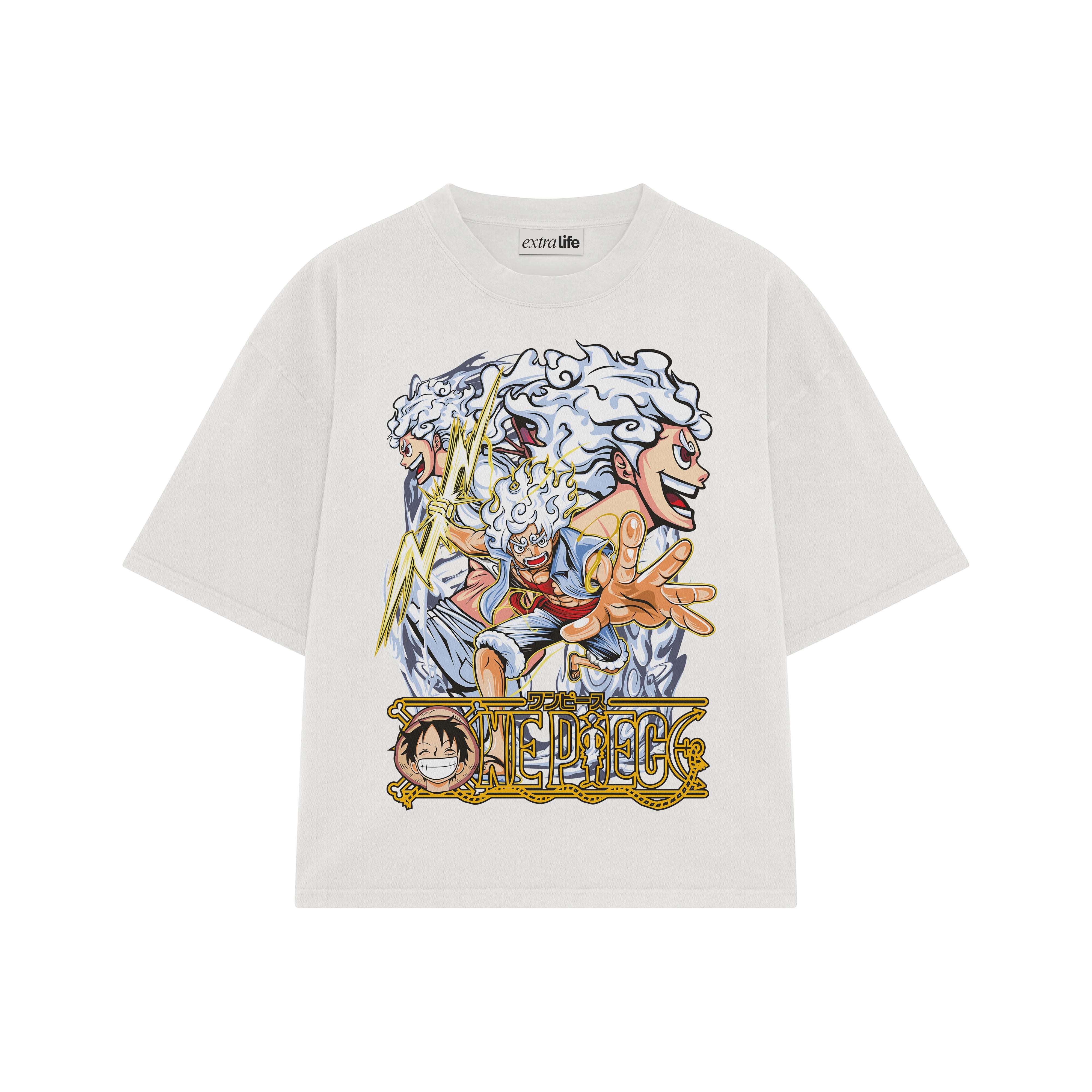 Playera streetwear premium de anime y gaming ExtraLife MX, corte boxy oversized drop shoulder heavyweight en color Deep Black y Off-White, moda urbana mexicana de culto.