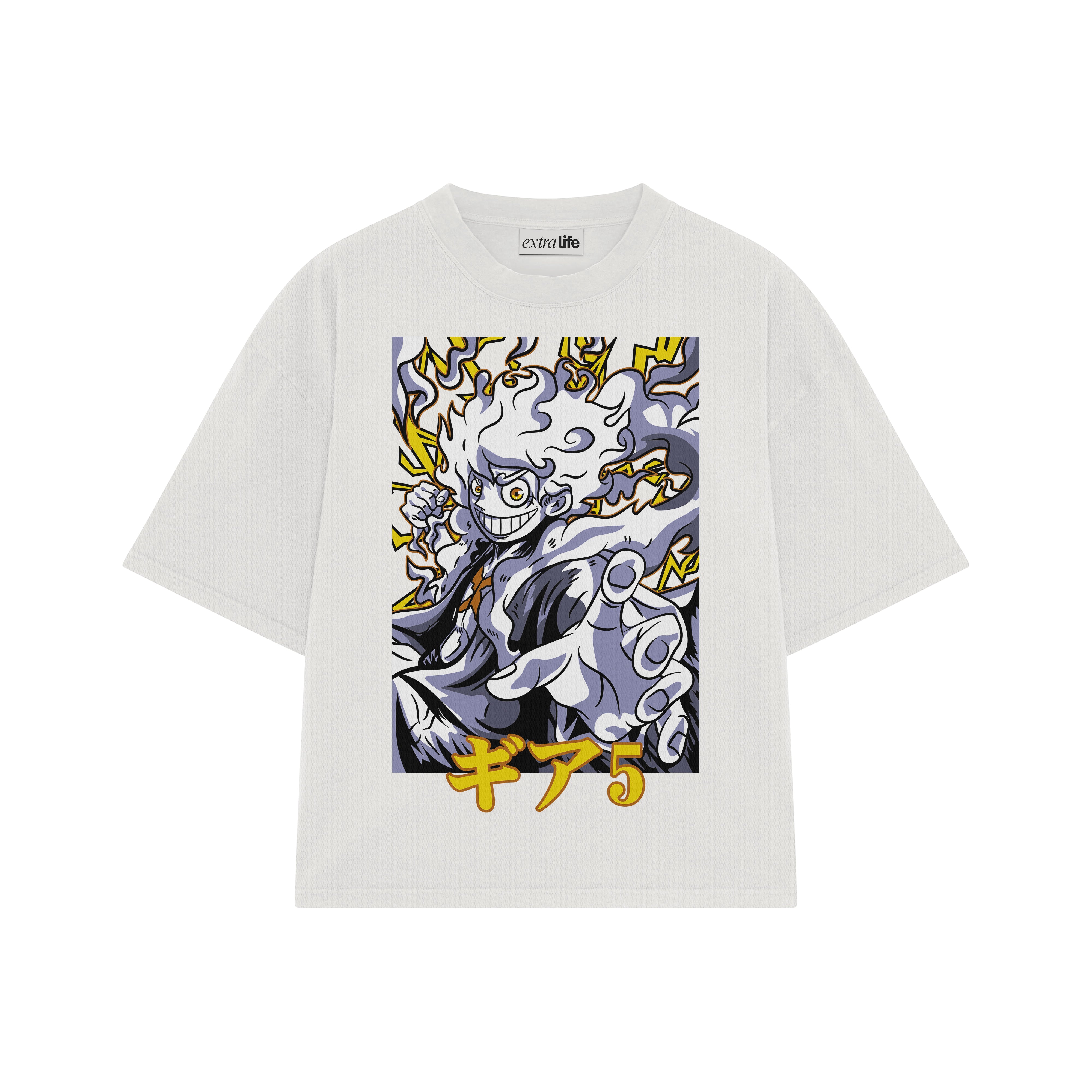 Playera streetwear premium de anime y gaming ExtraLife MX, corte boxy oversized drop shoulder heavyweight en color Deep Black y Off-White, moda urbana mexicana de culto.