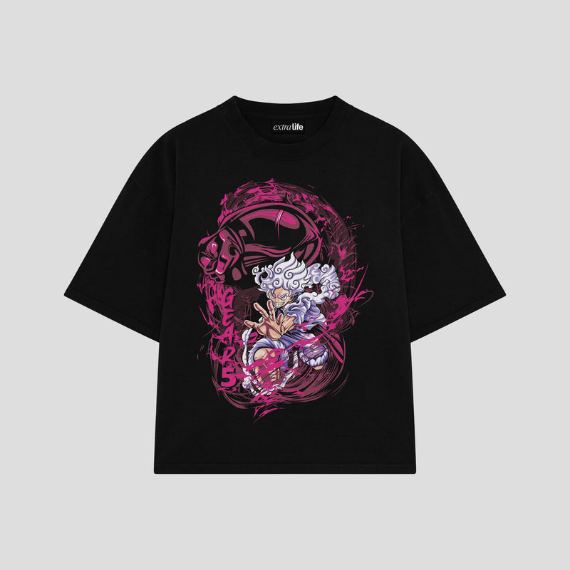 Playera streetwear premium de anime y gaming ExtraLife MX, corte boxy oversized drop shoulder heavyweight en color Deep Black y Off-White, moda urbana mexicana de culto.