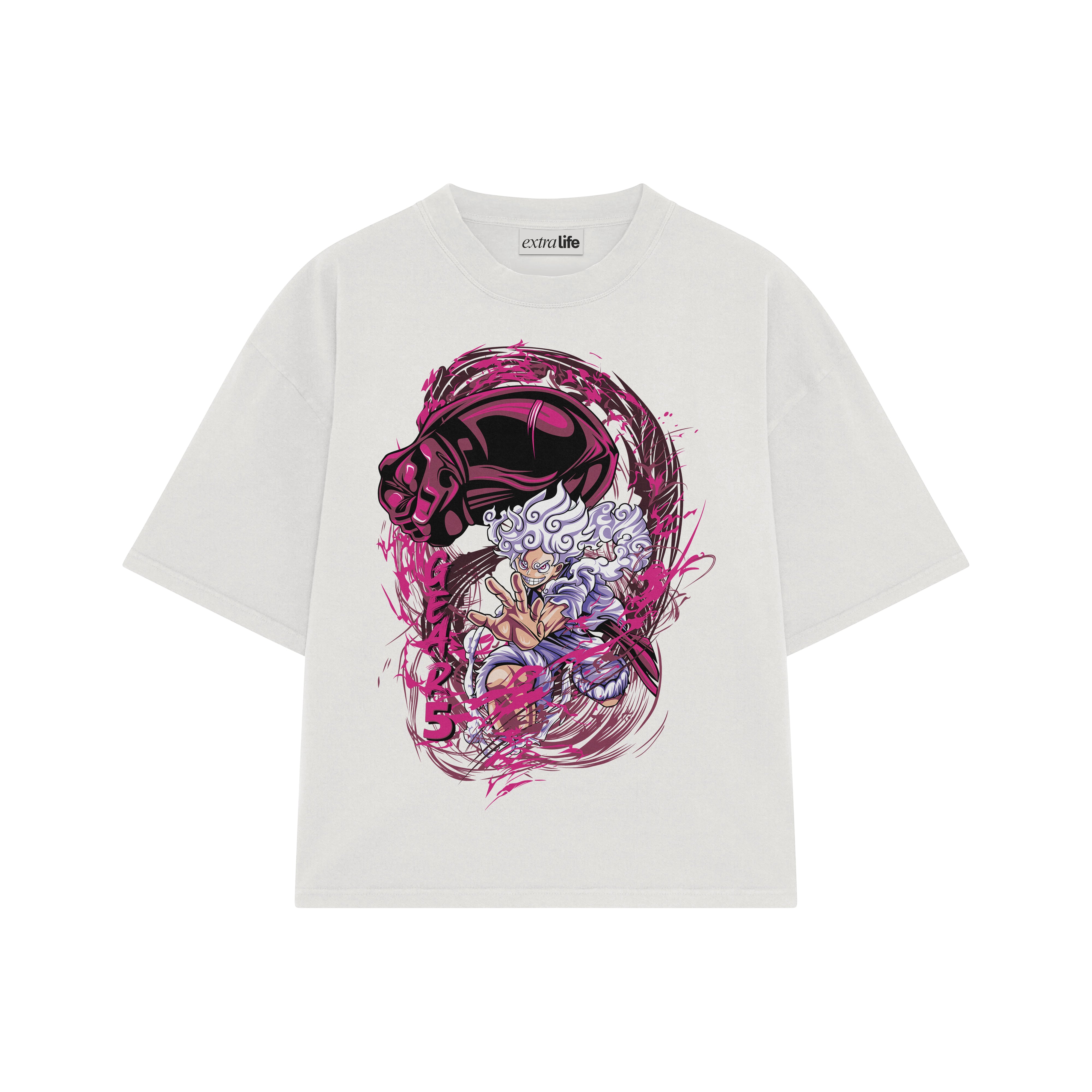 Playera streetwear premium de anime y gaming ExtraLife MX, corte boxy oversized drop shoulder heavyweight en color Deep Black y Off-White, moda urbana mexicana de culto.