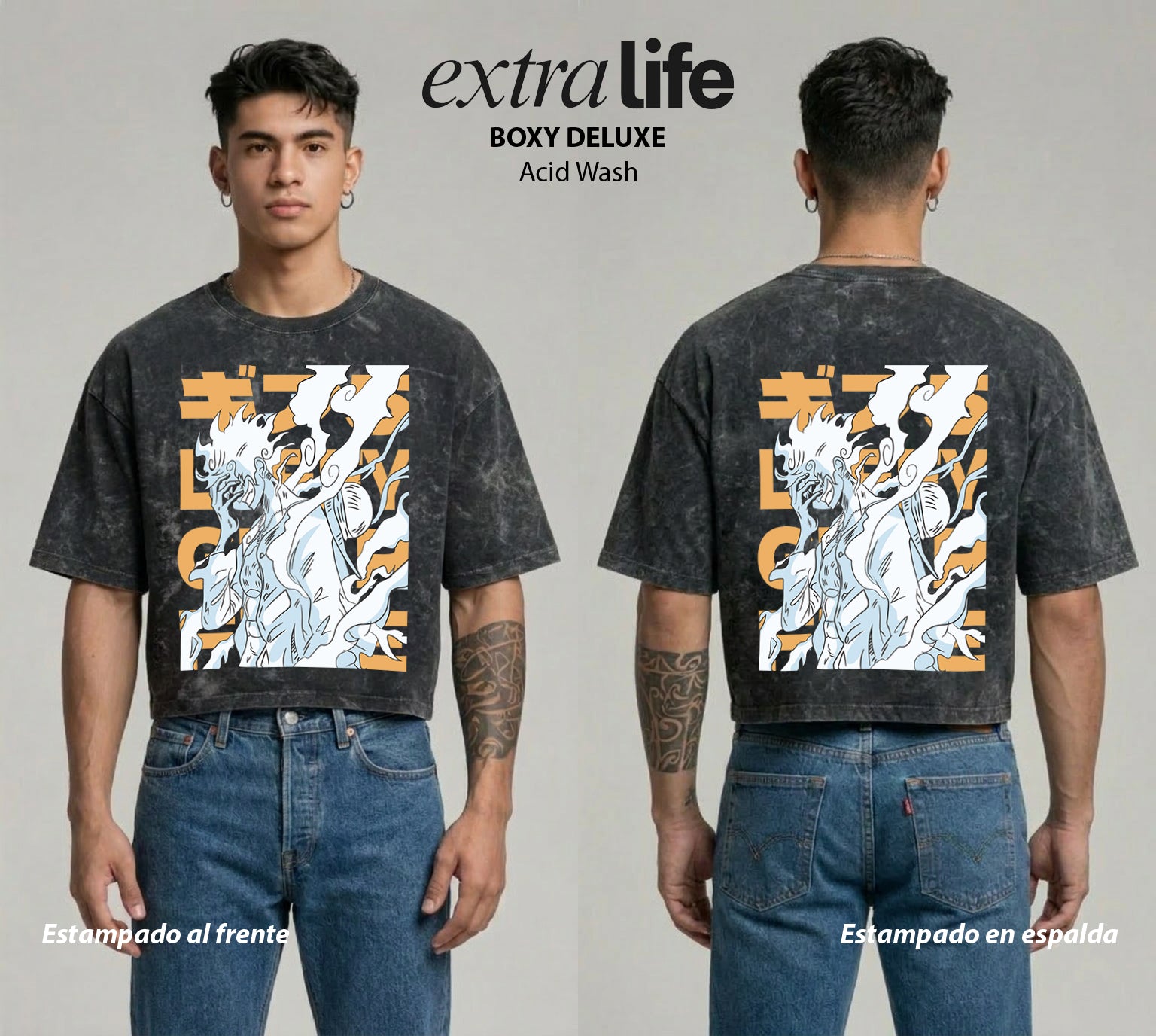 Playera streetwear premium de anime y gaming ExtraLife MX, corte boxy deluxe mineral wash heavyweight en color Acid Wash, moda urbana mexicana de culto.
