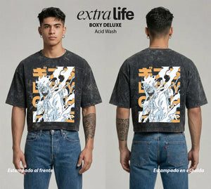Playera streetwear premium de anime y gaming ExtraLife MX, corte boxy deluxe mineral wash heavyweight en color Acid Wash, moda urbana mexicana de culto.