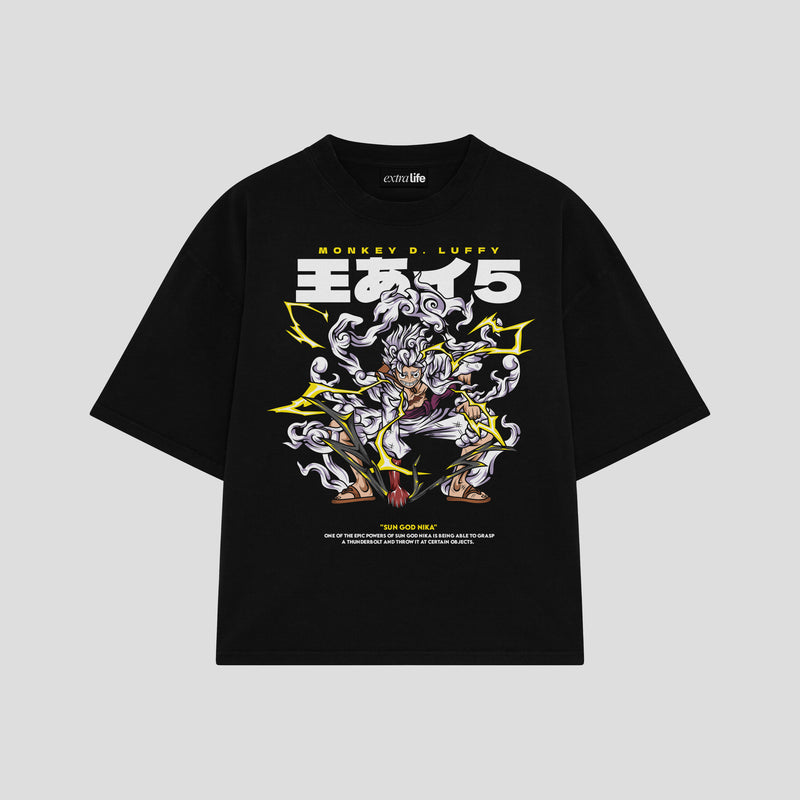 Playera streetwear premium de anime y gaming ExtraLife MX, corte boxy oversized drop shoulder heavyweight en color Deep Black y Off-White, moda urbana mexicana de culto.