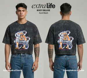Playera streetwear premium de anime y gaming ExtraLife MX, corte boxy deluxe mineral wash heavyweight en color Acid Wash, moda urbana mexicana de culto.