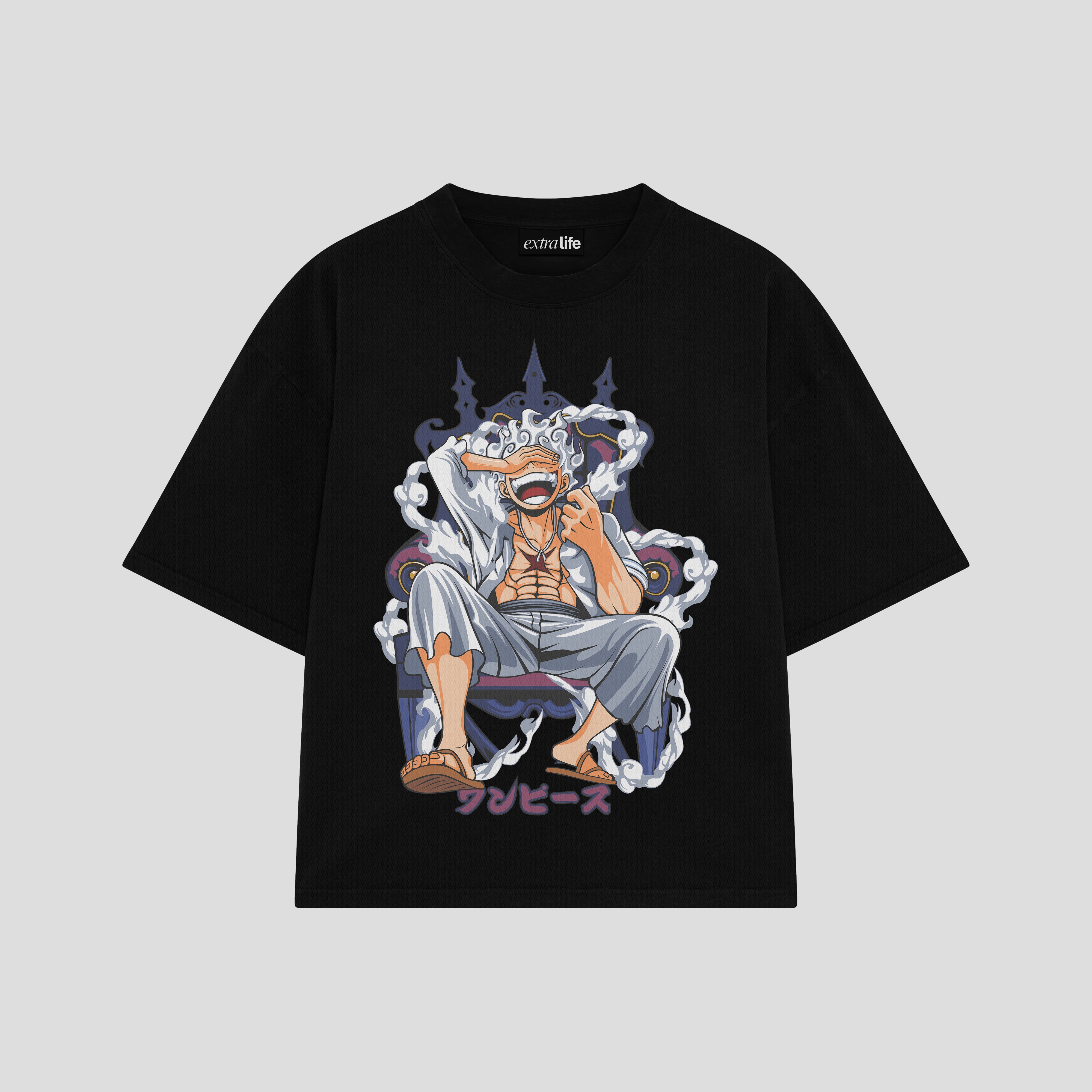 Playera streetwear premium de anime y gaming ExtraLife MX, corte boxy oversized drop shoulder heavyweight en color Deep Black y Off-White, moda urbana mexicana de culto.