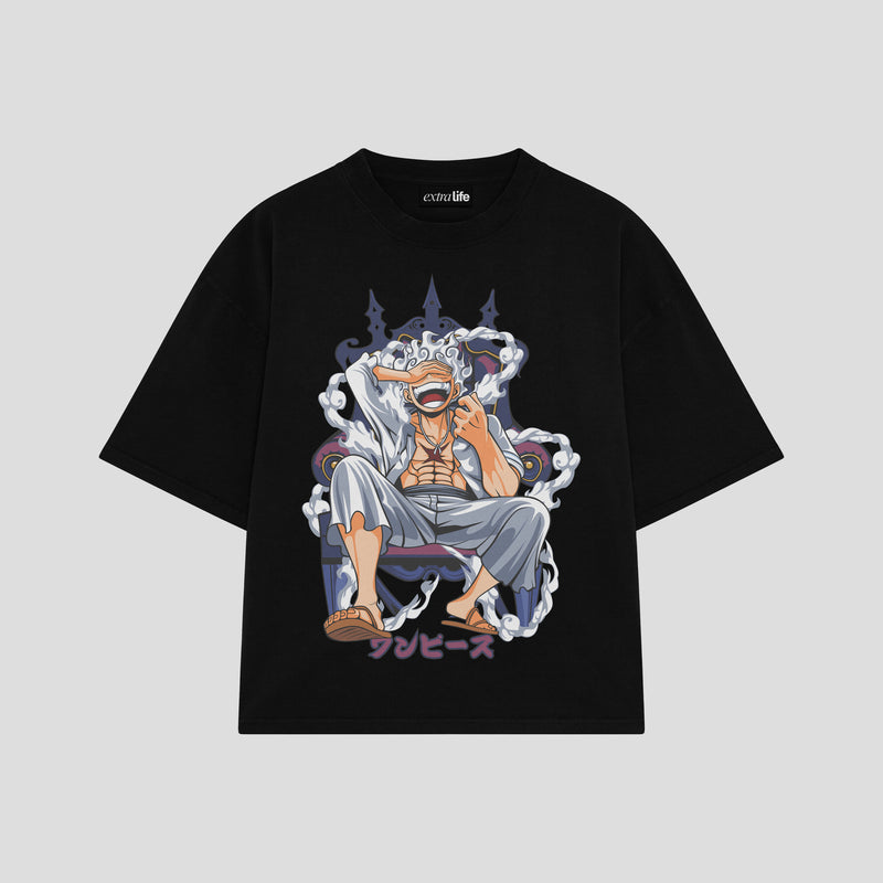Playera streetwear premium de anime y gaming ExtraLife MX, corte boxy oversized drop shoulder heavyweight en color Deep Black y Off-White, moda urbana mexicana de culto.